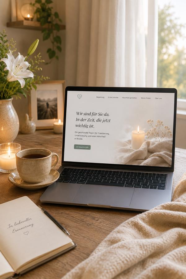 Laptop mit ruhiger Bestatter-Website, Kerze und Lilien auf einem warmen Holztisch